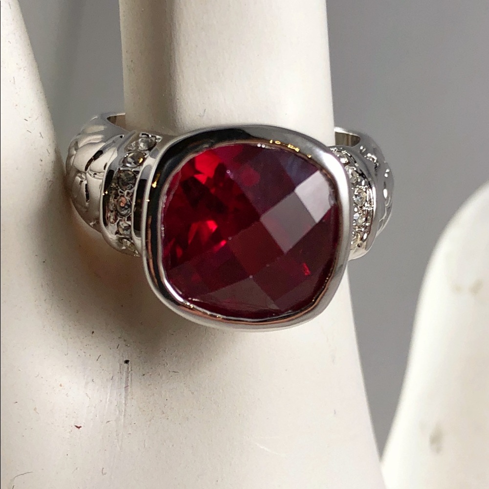 Sterling Cushion cut Ruby & Diamond CZ ring